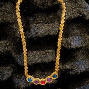 Vintage Trifari Gold Tone Necklace w/Red, Blue & Purple Cabochon Jewels